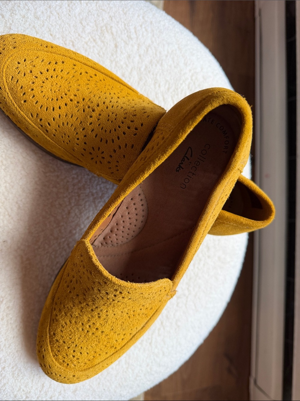 Clarks Woman’s Mustard Suede Perforated Slip-On Loafers